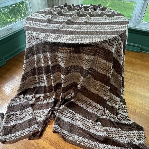 Vintage 70s pleated curtain, dark brown & almond, net woven, long panel - Picture 4 of 9